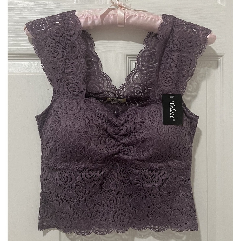 NWT Yelete Purple Floral Lace Bralette Crop Top Cami Brami M Coquette Fairycore